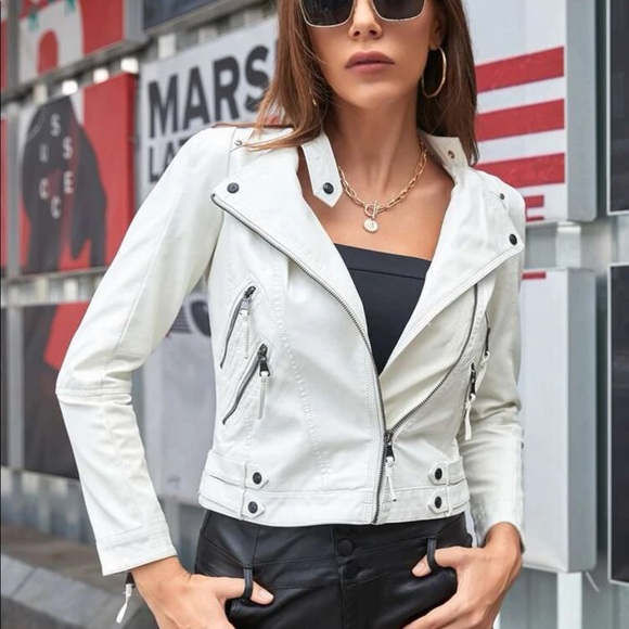 👽[ Apperloth ] White Zipper Motorcycle Jacket - Picture 4 of 14